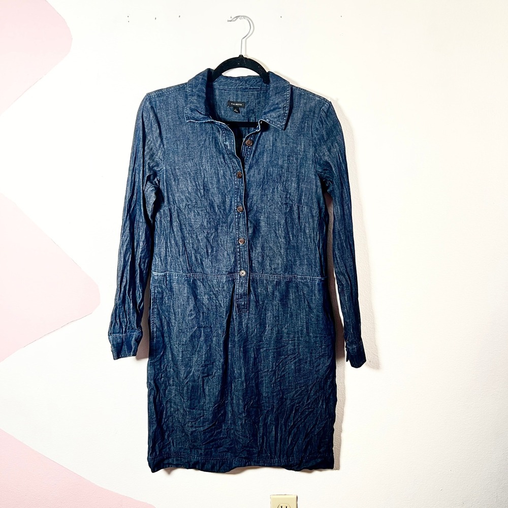 Talbots Denim‎ Popover Shirt Dress Womens 6 Blue Long Sleeve 100% Cotton Pockets - Picture 2 of 8